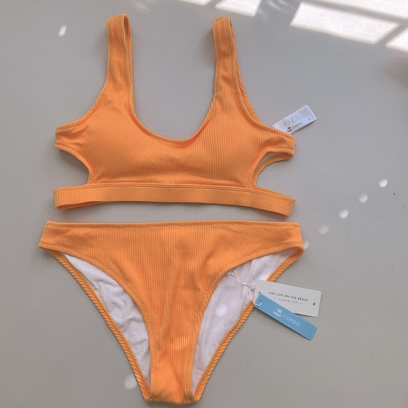 Cupshe Bikini Set Swimsuit Ribbed Orange Size Medium - Picture 1 of 7